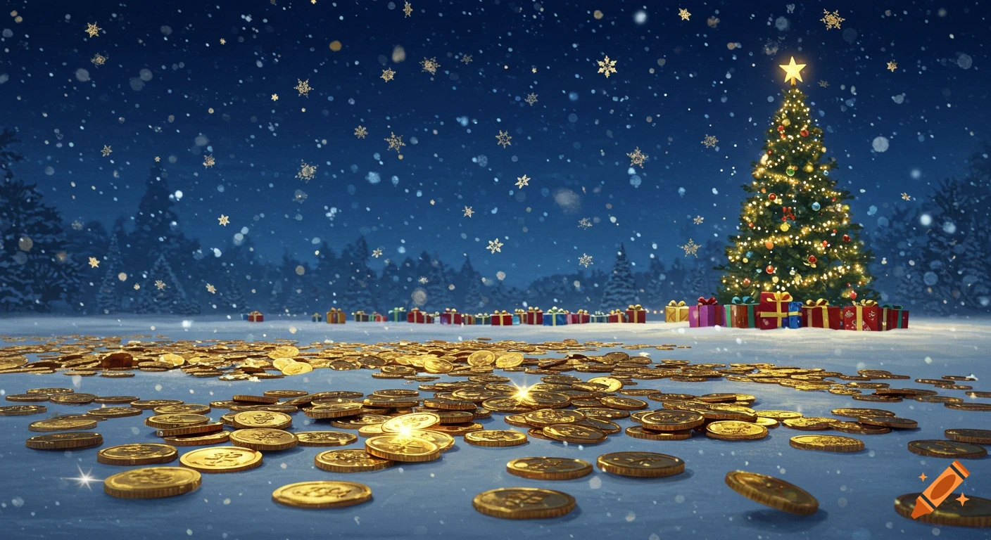 A snowy night landscape with golden snowflakes, a decorated Christmas tree, colorful presents, and many golden coins on the ground.