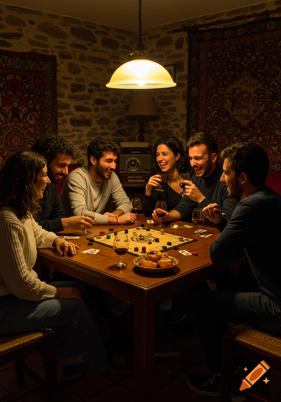 A group of friends laughing and playing a board game around a wooden table in a dimly lit room, with wine glasses and pastries.