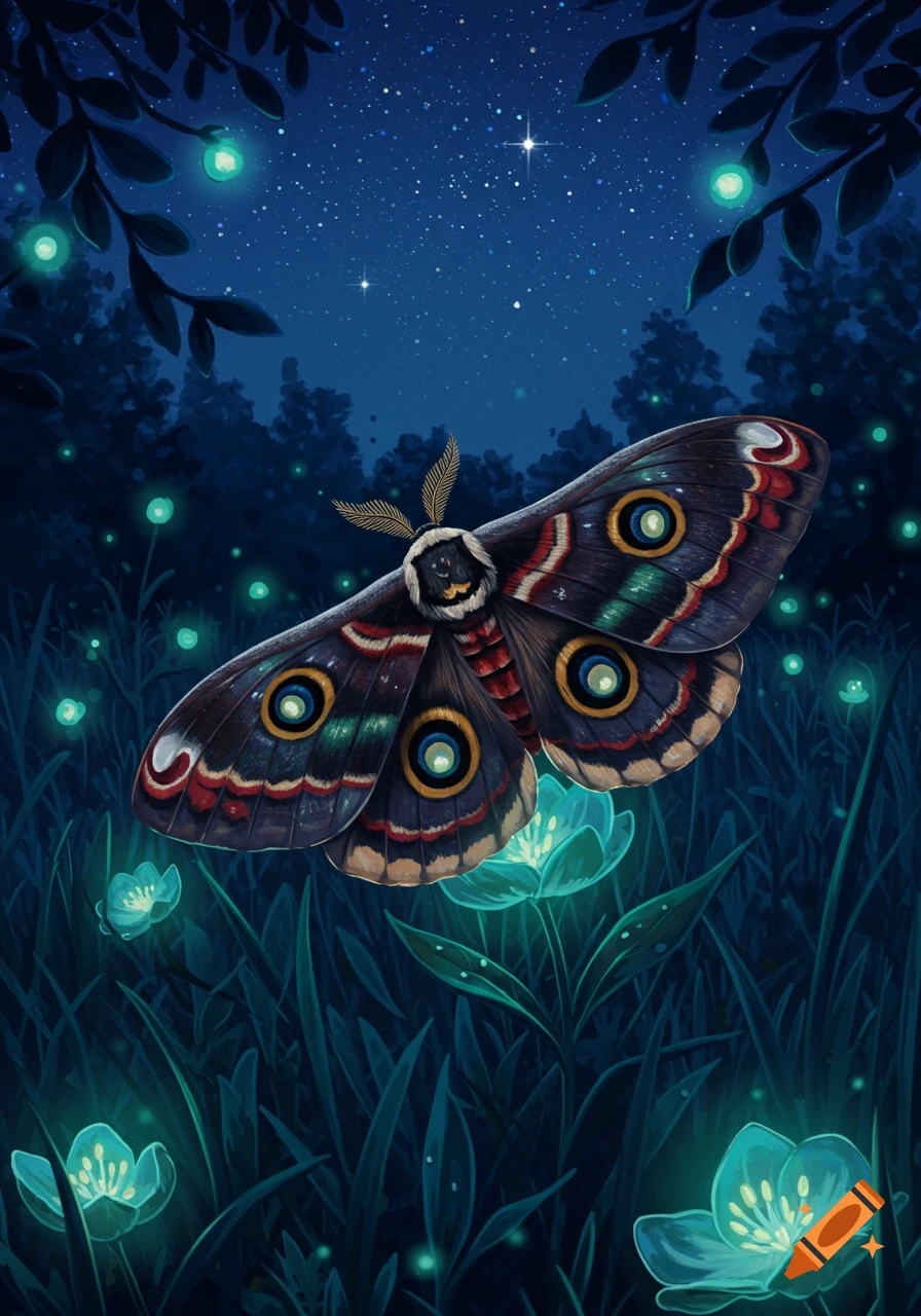 A colorful moth with eye-like wing patterns flies at night in a dark forest, surrounded by glowing blue flowers and fireflies, in an illustrative style.