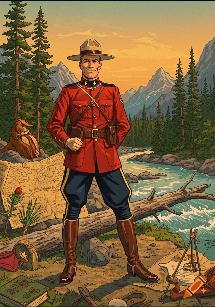 A Canadian Mountie stands in a stylized wilderness with mountains, a river, and a map in a pulp art style.