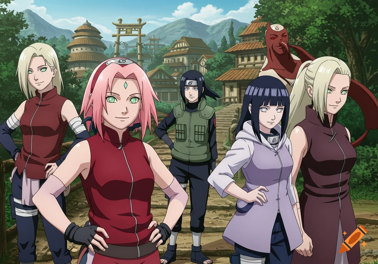 Anime illustration of Sakura, Ino, Hinata, Tenten, and a red masked figure standing on a village path with traditional buildings and mountains.