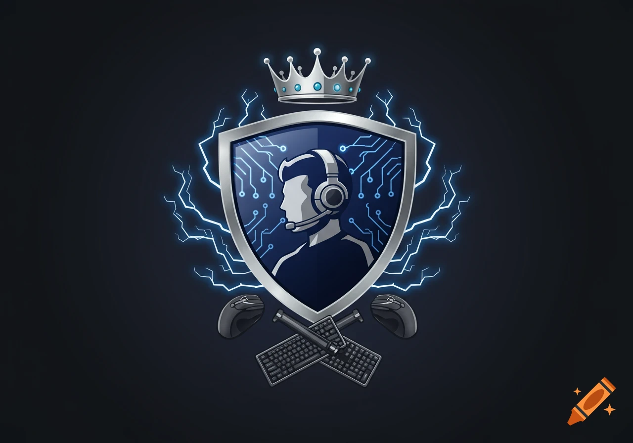 A stylized gaming emblem featuring a crowned shield with a gamer's profile, surrounded by lightning and gaming peripherals.
