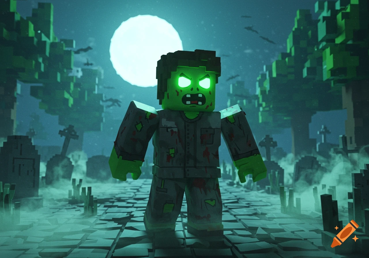 A blocky zombie with glowing green eyes and blood-stained clothes stands in a misty graveyard under a full moon.