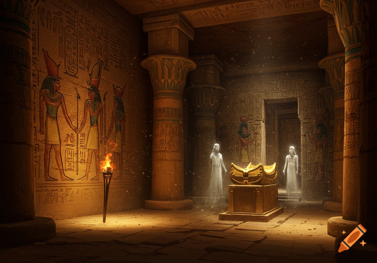 An ancient Egyptian tomb chamber, dimly lit by a torch, features hieroglyph-covered walls and columns, a golden sarcophagus, and two ethereal, ghostly figures standing near it. The scene has a mystical, historical aesthetic.