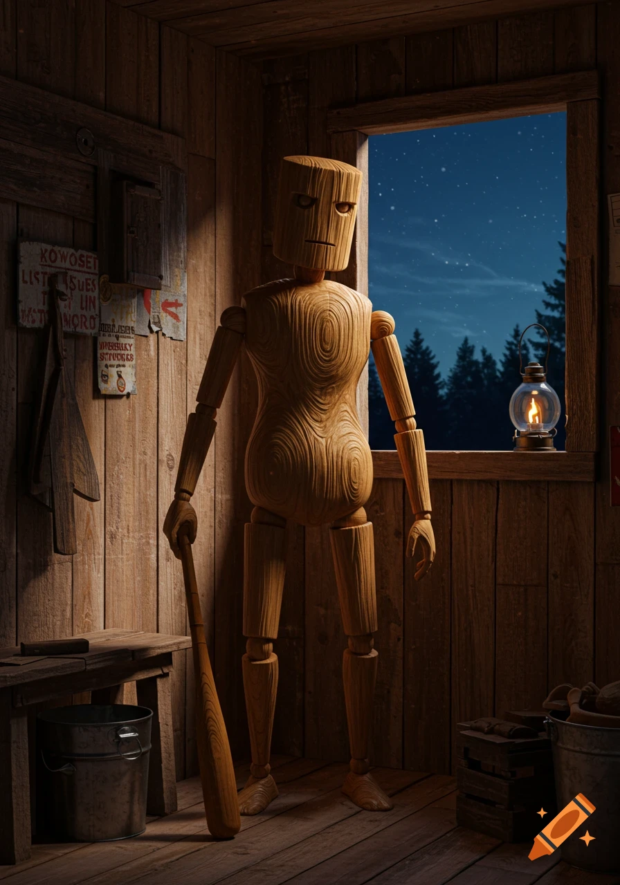 A wooden mannequin-like figure with a carved face holding a baseball bat in a dimly lit rustic wooden room, with a window revealing a starry night sky.
