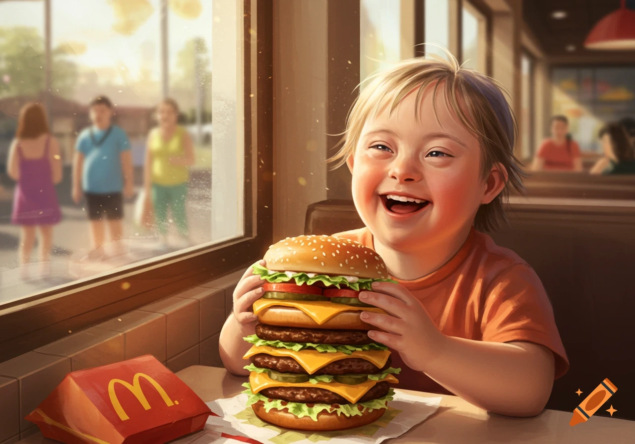 A happy child with Down syndrome excitedly holds a towering multi-patty hamburger in a bright restaurant, with a McDonald's box nearby.