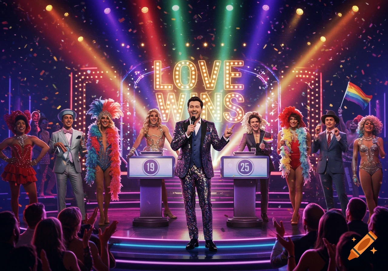 A vibrant gameshow stage with a host, contestants in colorful attire, and a glowing 'LOVE WINS' sign, confetti falling.