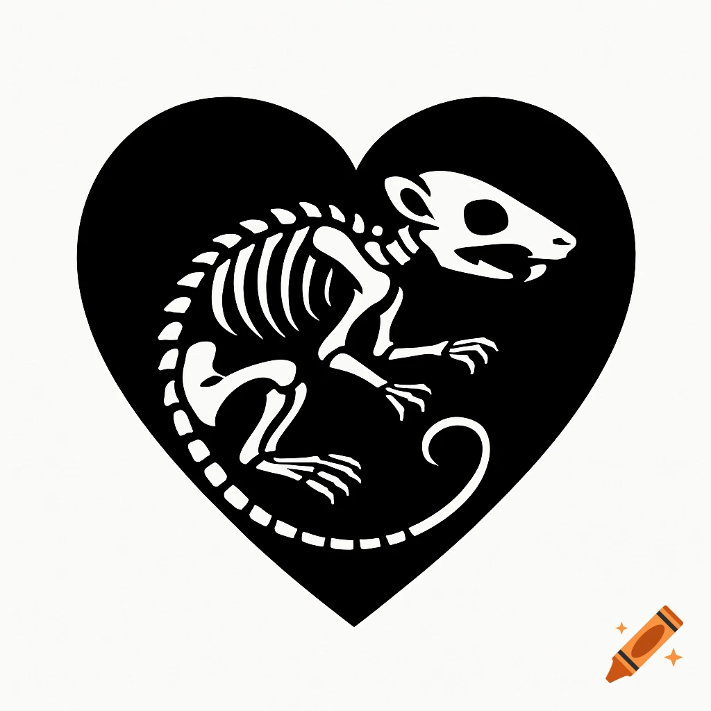 A minimalist black and white graphic of a stylized white rat skeleton inside a black heart on a white background.