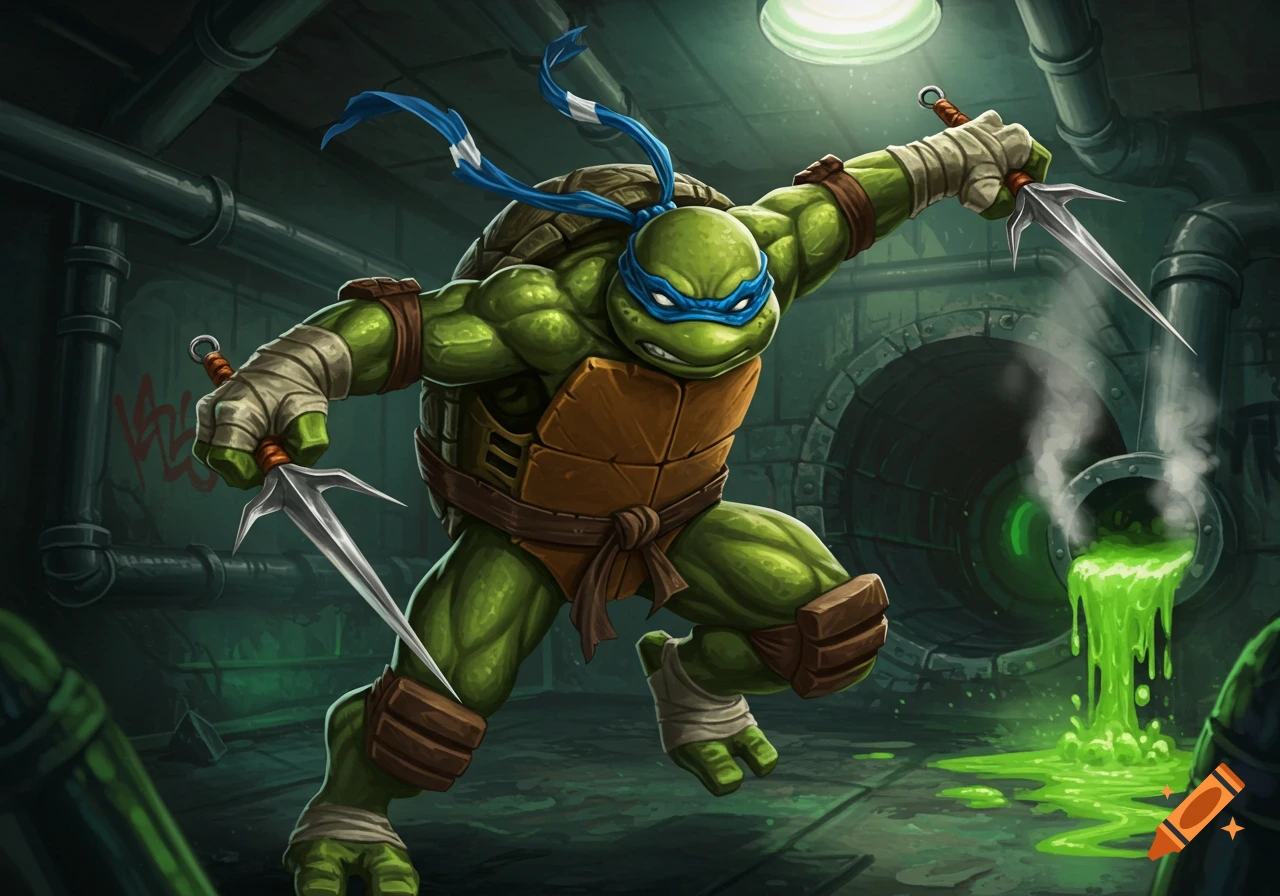 Leonardo, a Teenage Mutant Ninja Turtle, poses aggressively with two sai weapons in a grimy sewer with glowing green goo, comic art style.