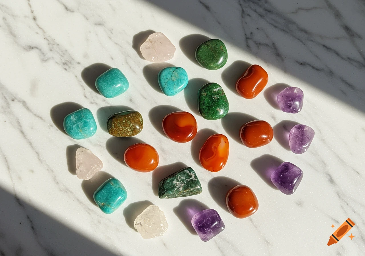 An overhead view of various colorful polished healing crystals arranged on a white marble surface with natural shadows.