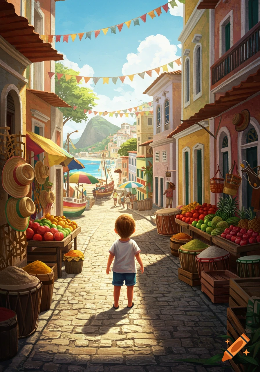 Illustrated view of a child in a vibrant Rio de Janeiro street market, with colorful buildings, fruit stalls, and Sugarloaf Mountain.