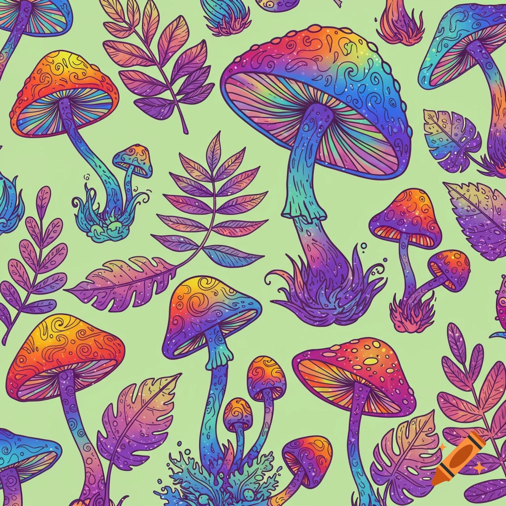 A vibrant seamless pattern of rainbow-colored psychedelic mushrooms and leaves on a light green background, in a detailed illustration style.