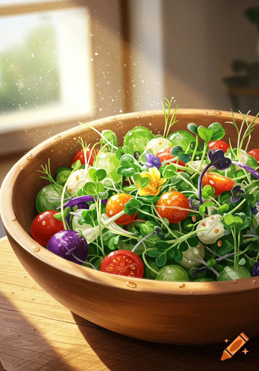 Vibrant salad with microgreens, cherry tomatoes, and flowers in a wooden bowl, sunlit on a wooden table.
