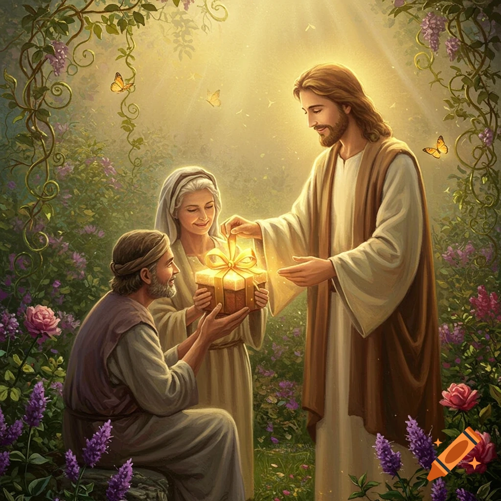 Jesus offers a glowing gift box to an older man and woman in a lush, sunlit garden with flowers and butterflies.