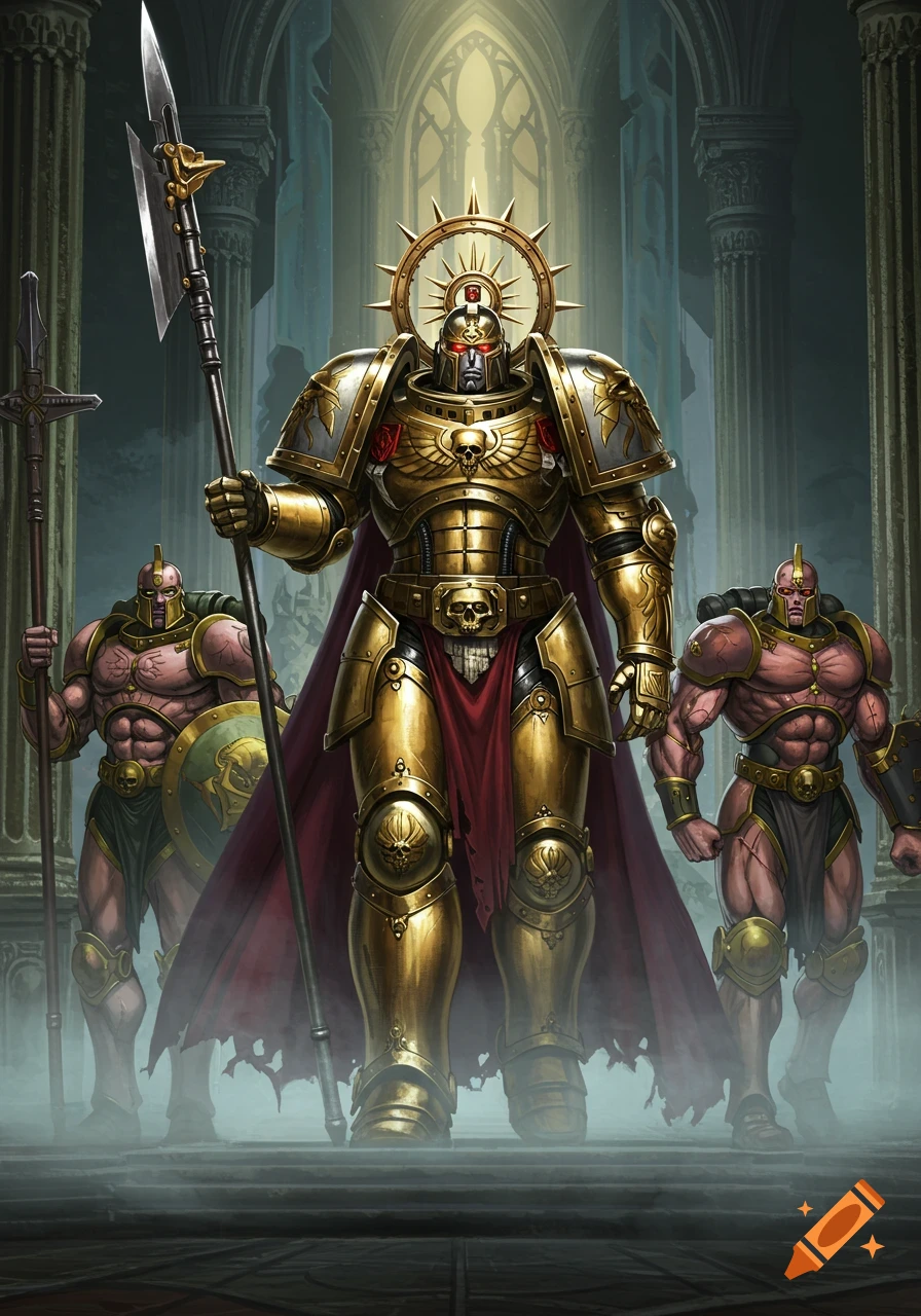 The Emperor of Mankind in gleaming gold armor with a halo, flanked by two muscular Custodian guards in a gothic hall, anime style.