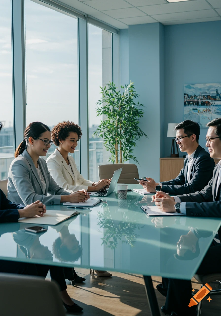 Diverse professionals smiling in a bright modern conference room, discussing at a glass table with laptops and documents.