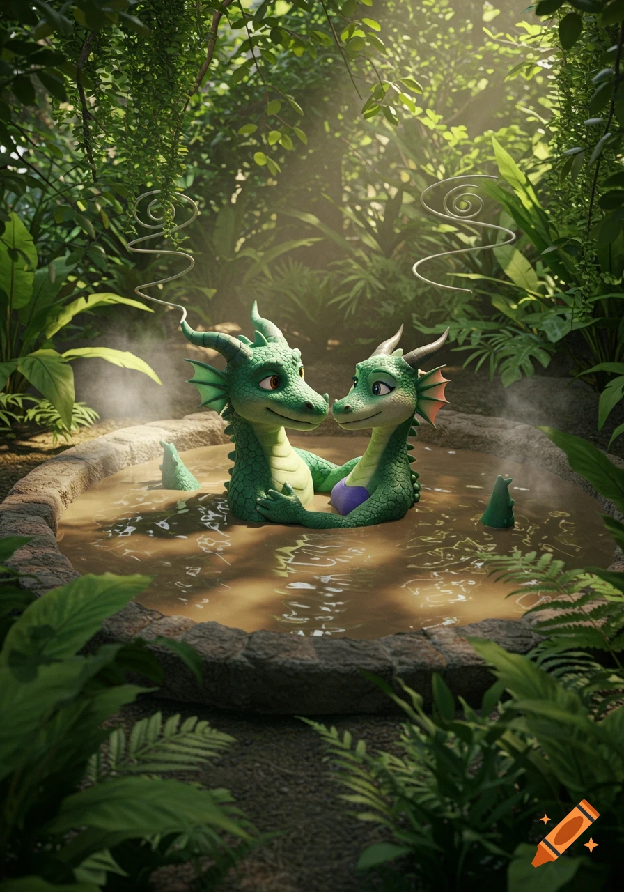 A cute 3D animated anthropomorphic green dragon couple smiles while relaxing happily in a mud hot tub surrounded by lush jungle foliage.