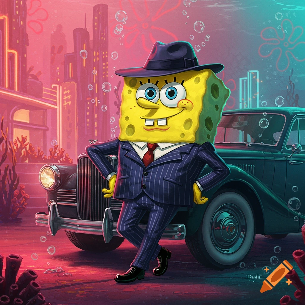 Spongebob Squarepants in a pinstripe suit and fedora leans against a vintage car in a vibrant underwater city.