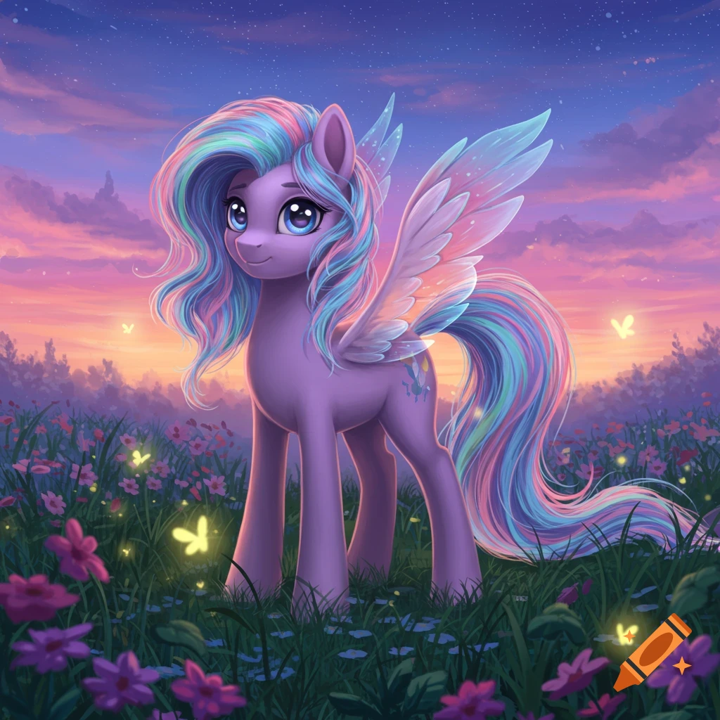 A purple pony with a rainbow mane and tail stands in a field of flowers under a starry sunset sky.