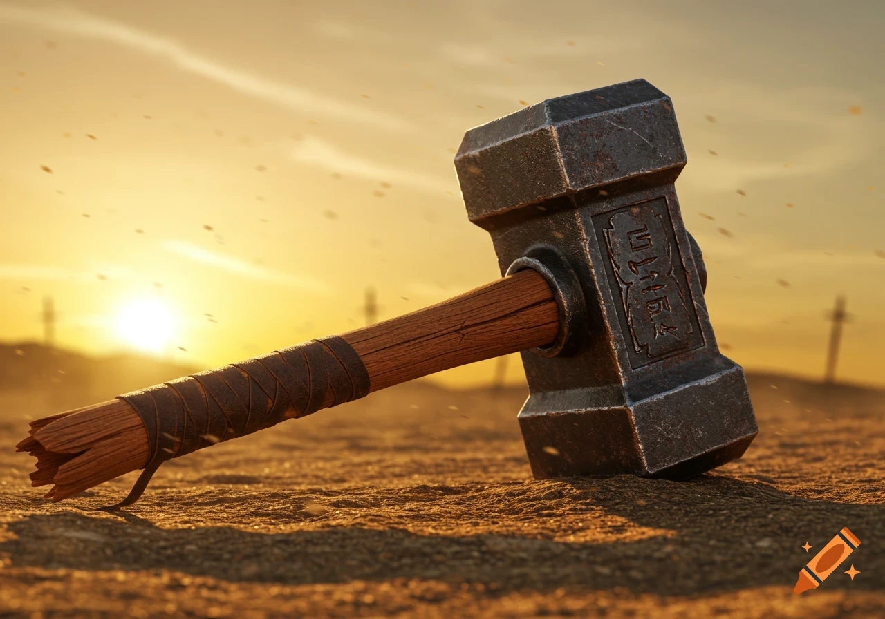 A weathered warhammer with a broken wooden handle and engraved head lies on sandy ground at sunset, particles flying in the golden light.