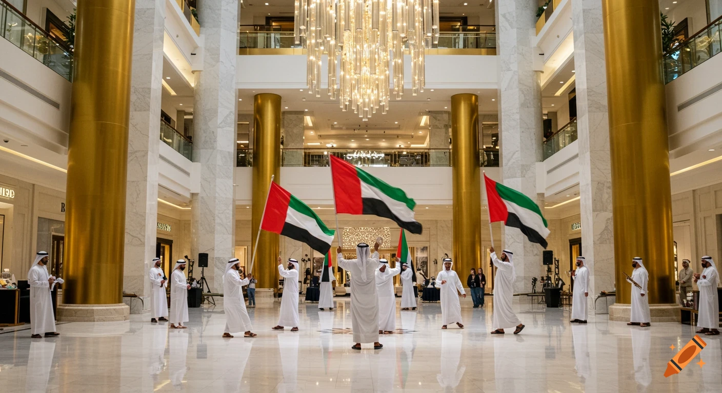 Emirati men in white kanduras performing a synchronized dance with UAE flags in a luxurious atrium with golden columns and a chandelier.