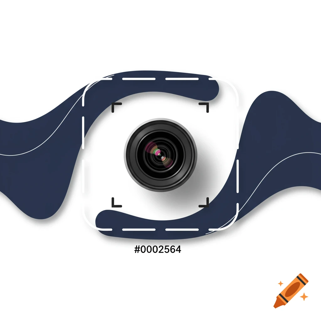 Abstract graphic design featuring a camera lens in the center, surrounded by a dashed focus box and flowing dark blue curved shapes on a white background.