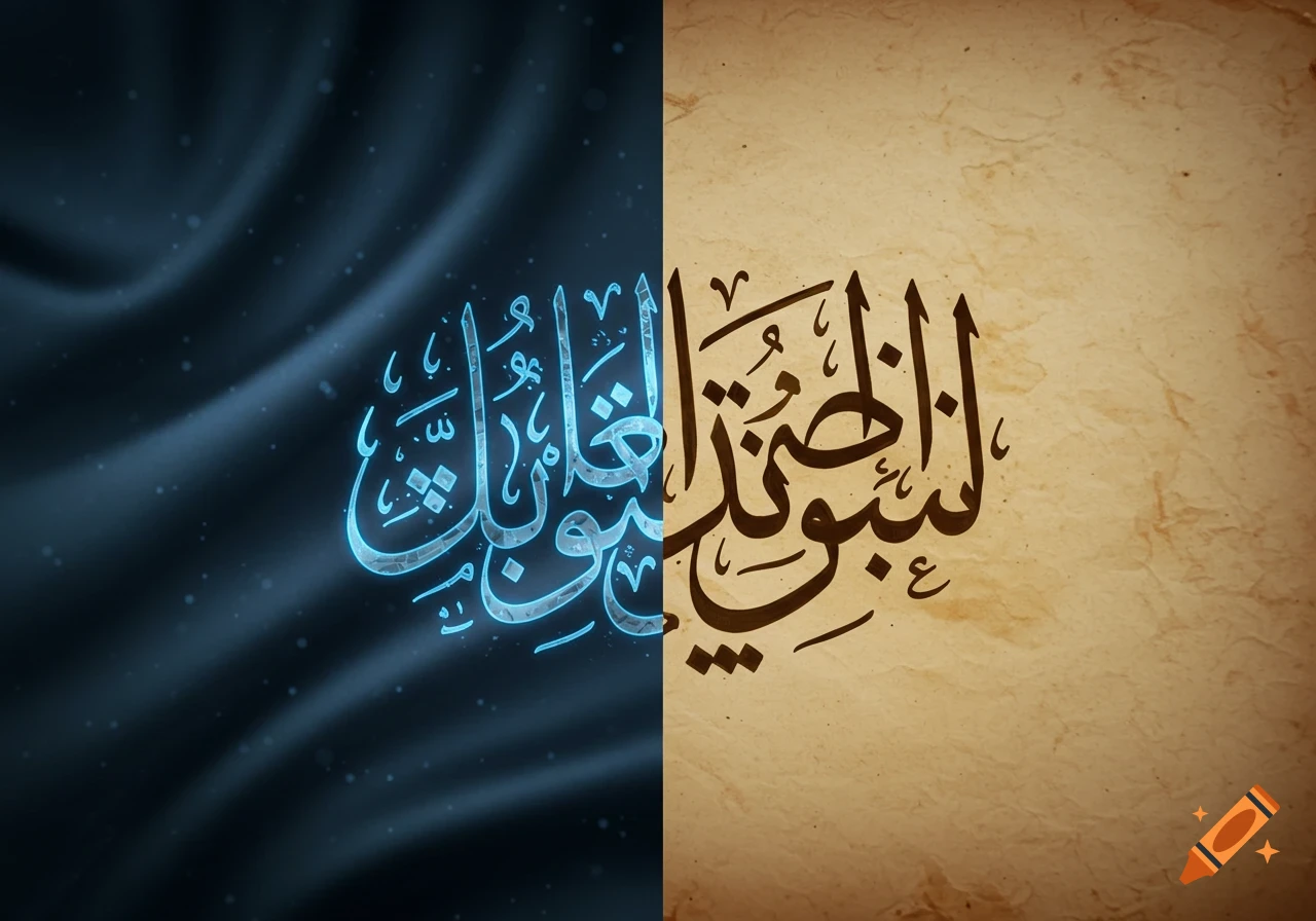 A split image showing glowing blue Arabic calligraphy on dark fabric on the left, and brown Arabic calligraphy on aged paper on the right.