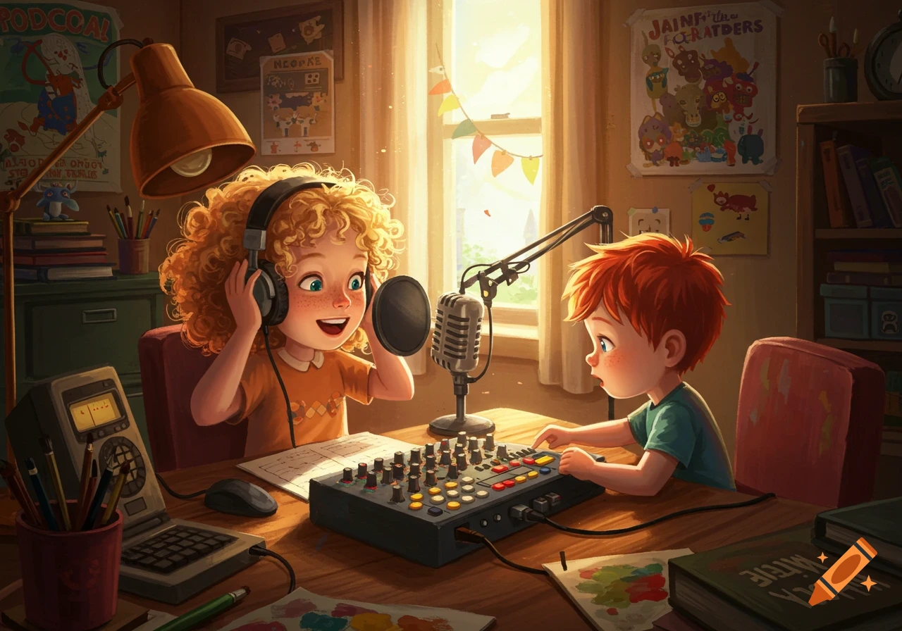 Two cheerful cartoon children, a girl with curly hair and a boy with red hair, recording a podcast in a sunlit room filled with creative details.