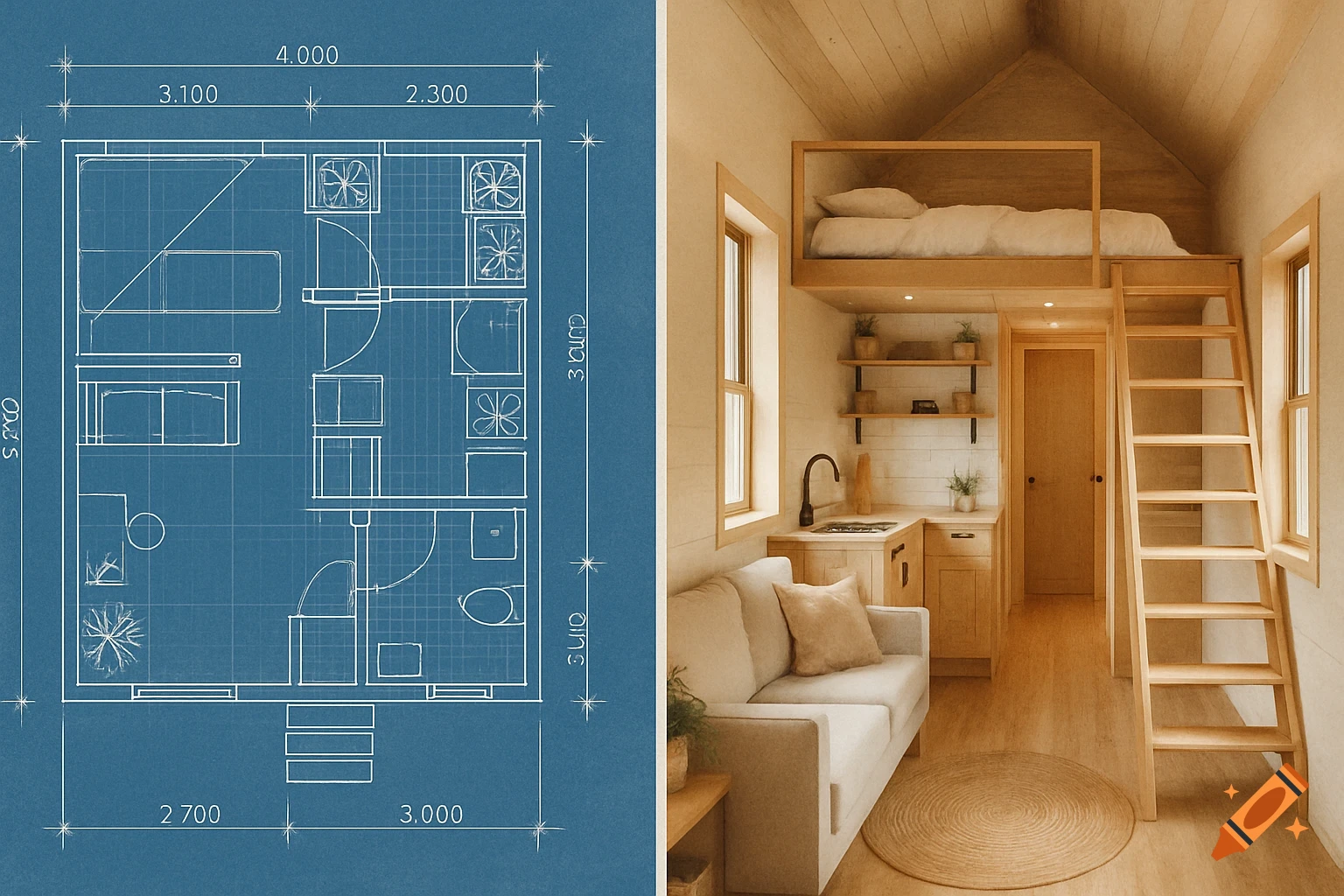 Split image of a tiny house blueprint on the left with measurements, and a photorealistic interior showing a kitchen, living area, and loft bed.