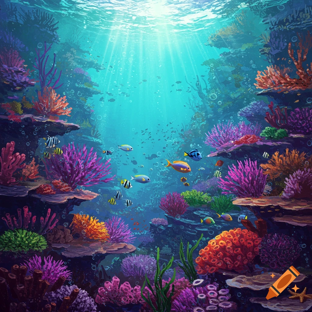 Vibrant illustration of an underwater coral reef with diverse colorful fish swimming in sunlit blue water.