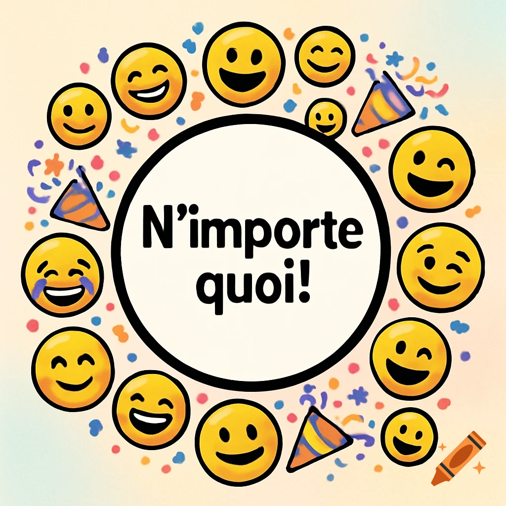 White circle with 'N'importe quoi!' in black text, surrounded by cheerful yellow emojis and colorful confetti on a light background.