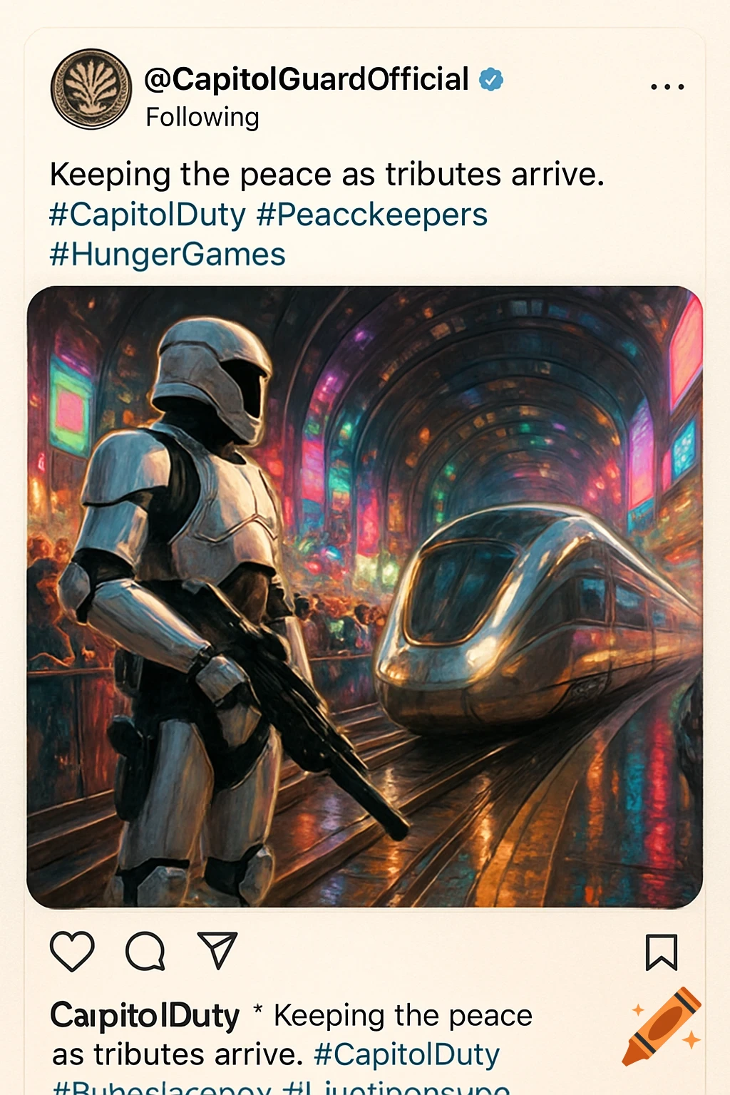 An Instagram post showing a white-armored Peacekeeper with a blaster in a futuristic train station with shimmering lights, a silver train, and crowds in the background. The art style resembles an oil painting.
