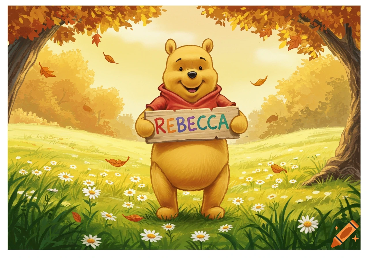 Winnie the Pooh holds a wooden sign with the name 'REBECCA' in colorful letters, standing in an autumn field with trees and daisies.