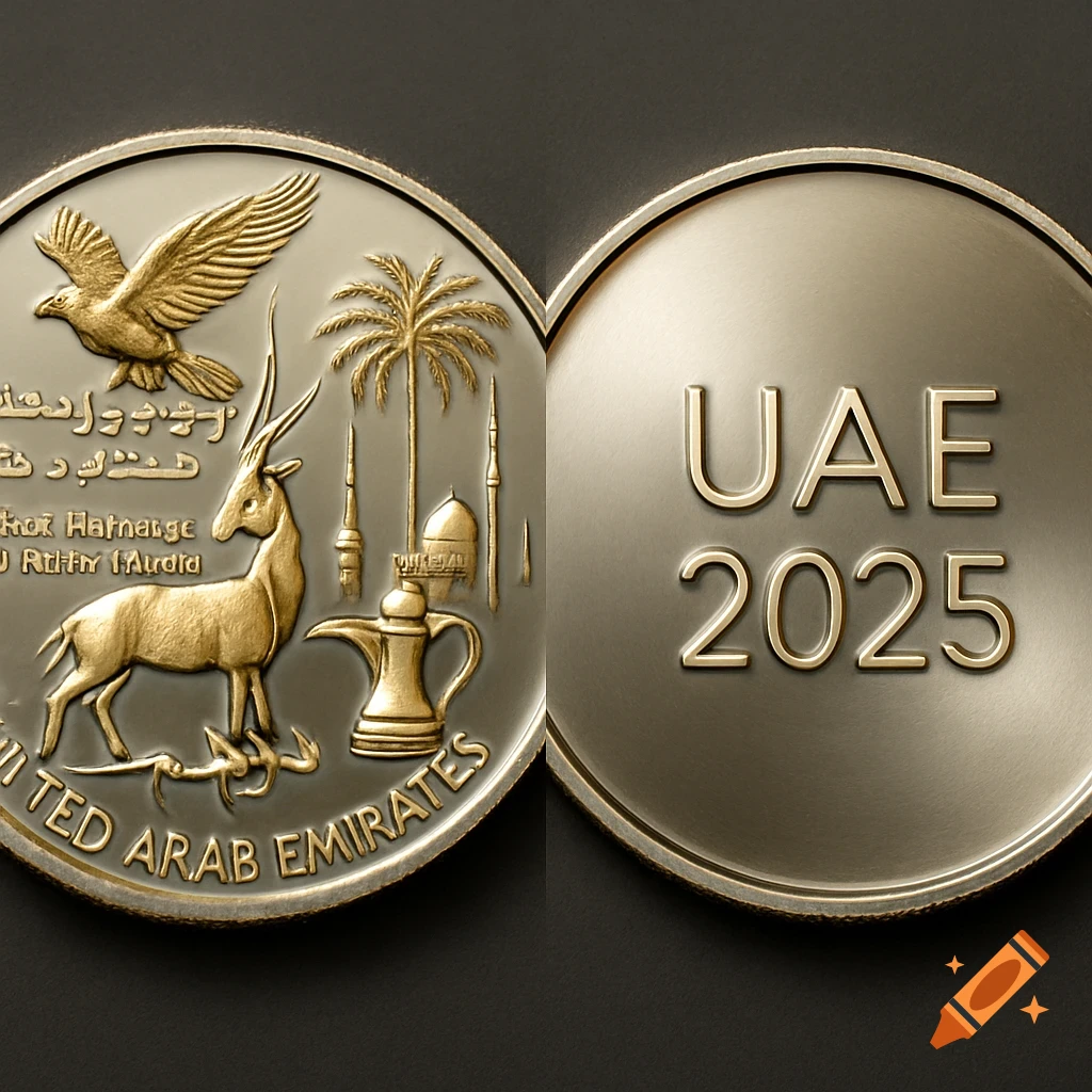A two-sided gold and silver commemorative coin. One side shows a falcon, oryx, palm tree, mosque, and dallah. The other side reads "UAE 2025".
