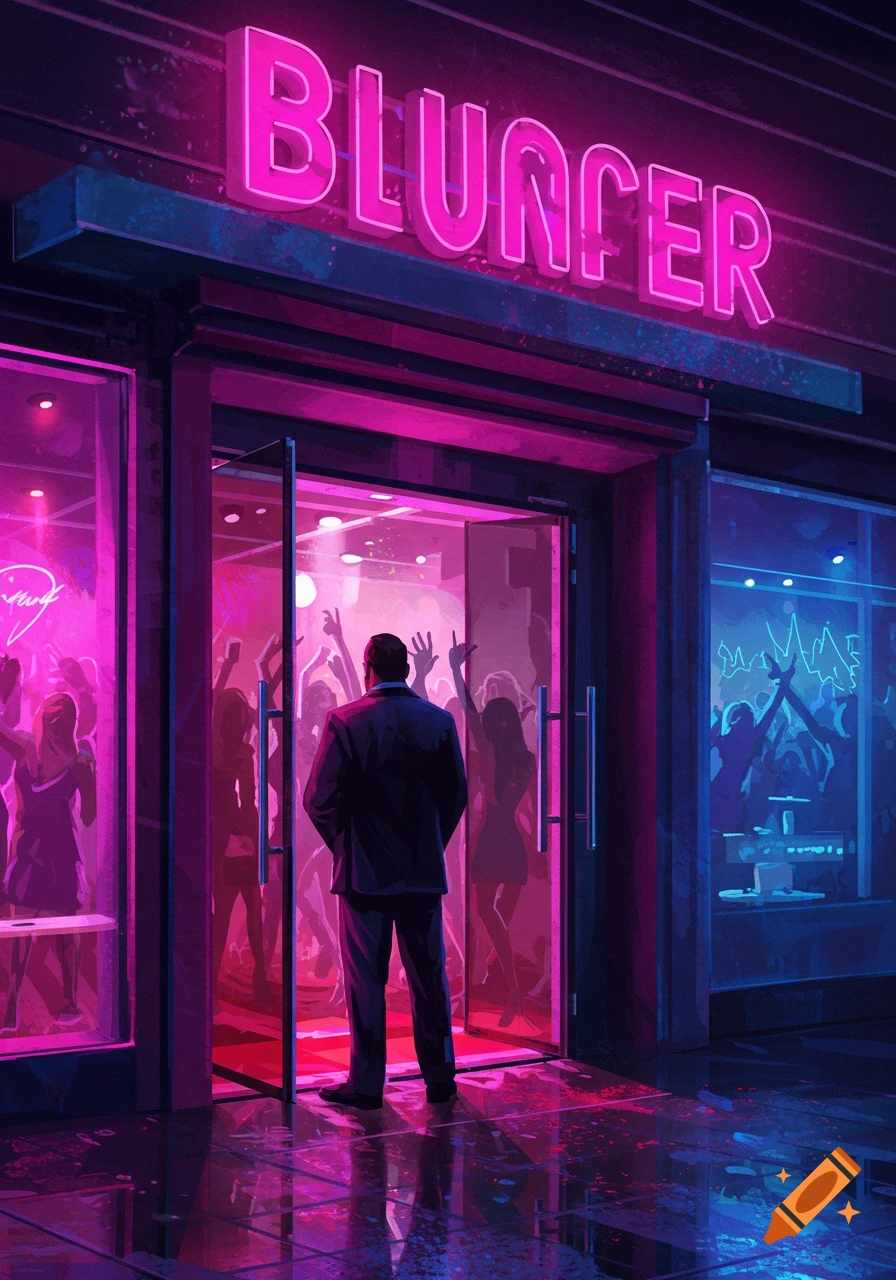A man in a suit stands outside a neon-lit nightclub with "BLUNGER" above the entrance, watching people dance inside. Stylized art.