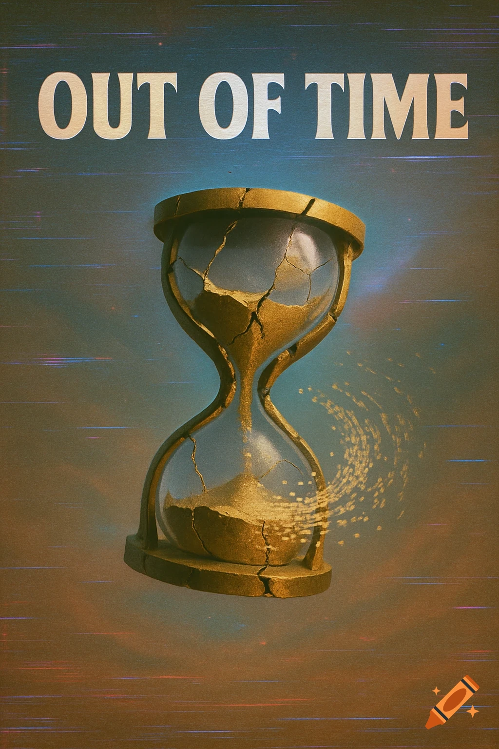 A broken hourglass with sand spilling out, titled 'OUT OF TIME', in a stylized album cover aesthetic.