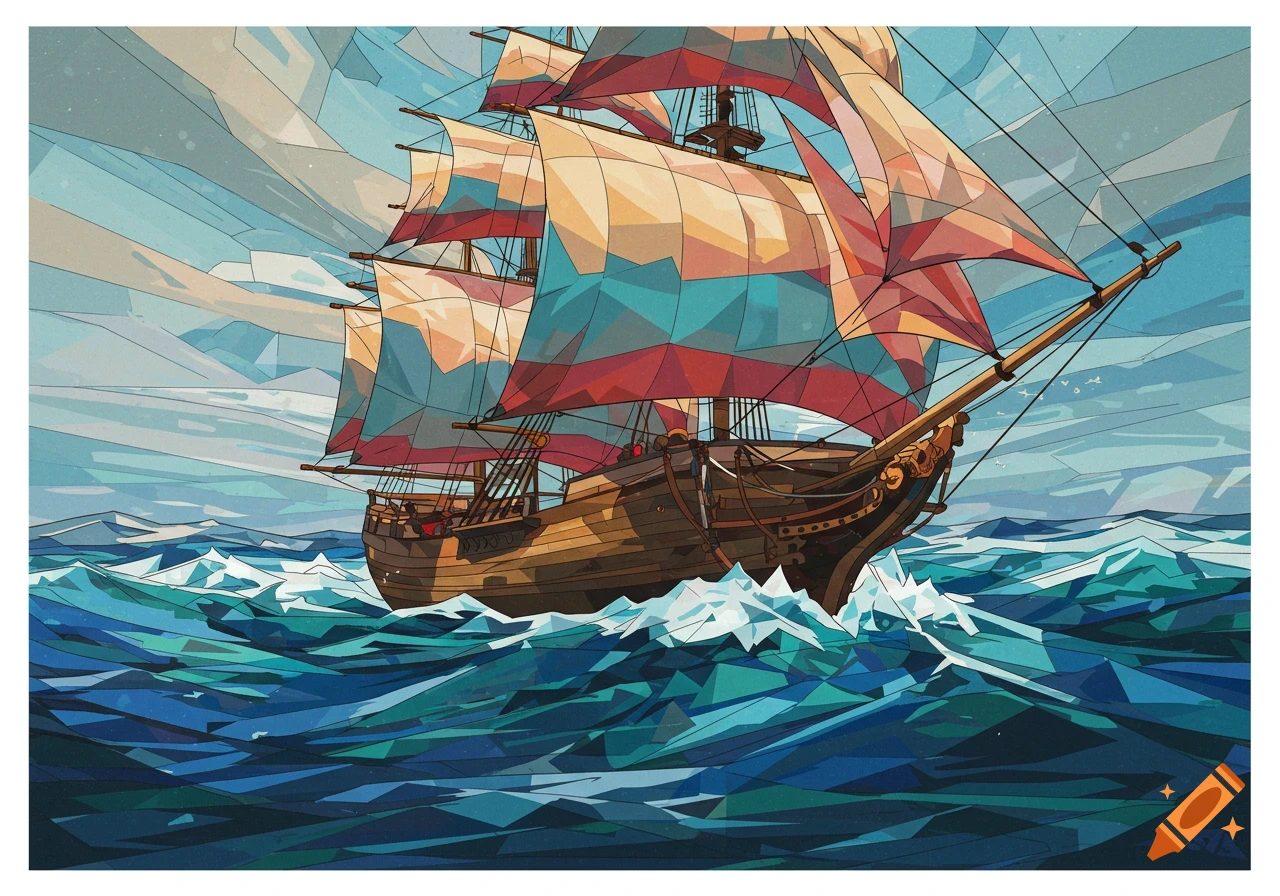 A cubist painting of a large sailing ship with colorful sails navigating geometric blue waves under a fragmented sky.