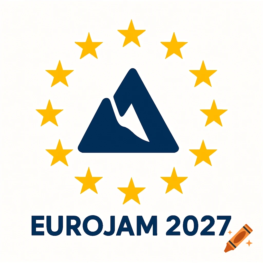 A blue mountain peak within a circle of twelve yellow stars, with 'EUROJAM 2027' text below. Logo style.