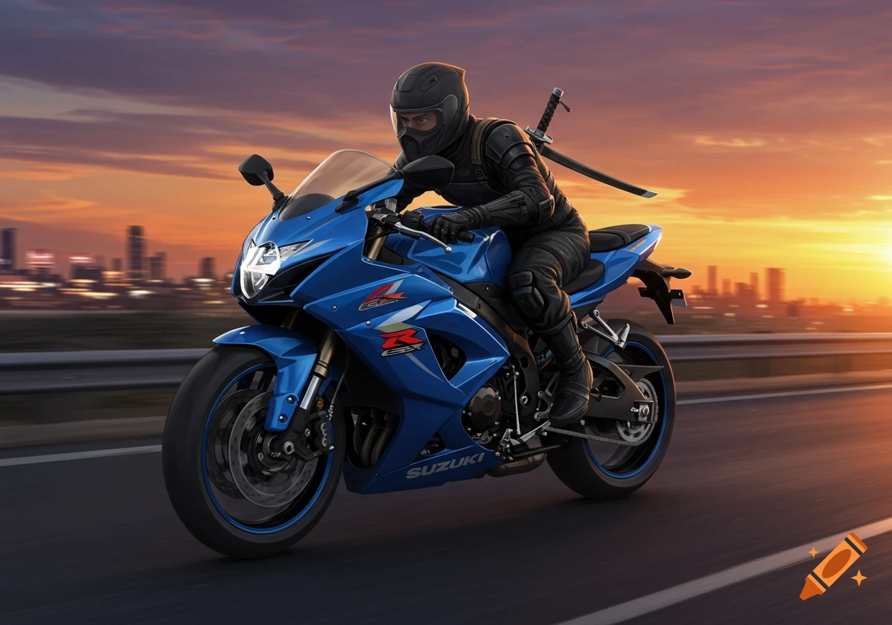 A ninja in a black suit rides a blue Suzuki GSX-R motorcycle on a road at sunset, with a city skyline in the background.