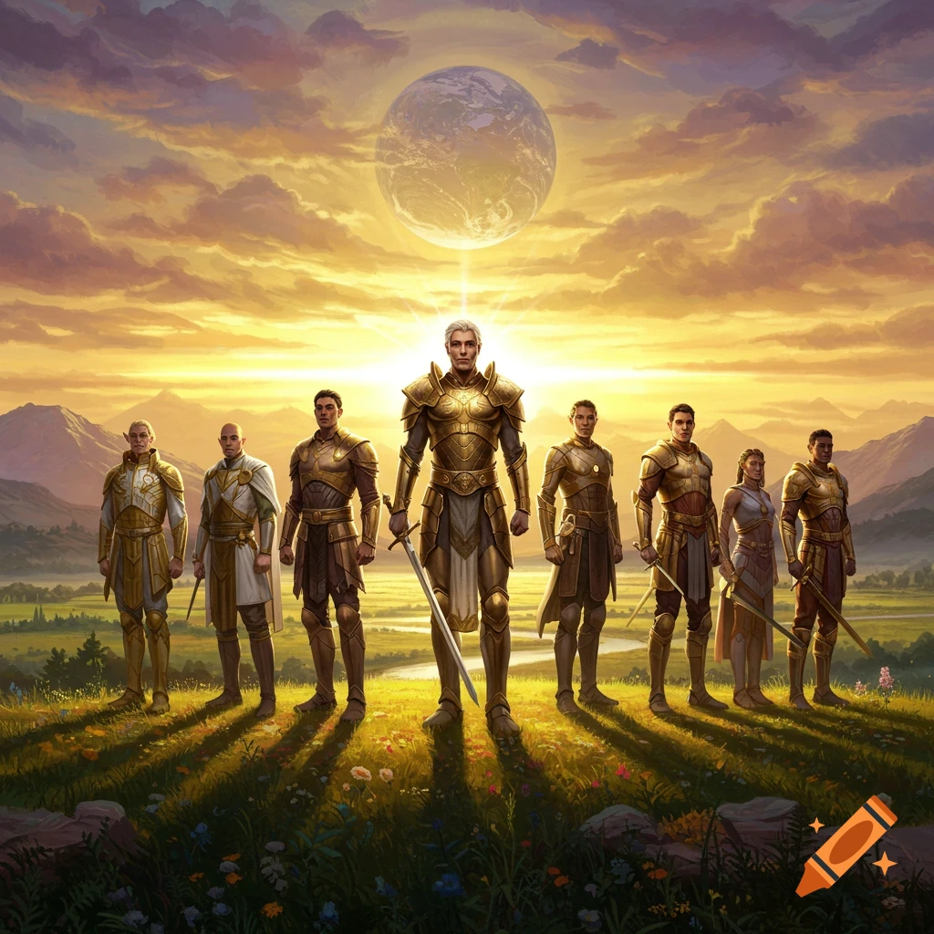 Eight armored warriors stand in a golden field under a sunset sky with a large glowing planet overhead in a fantasy art style.