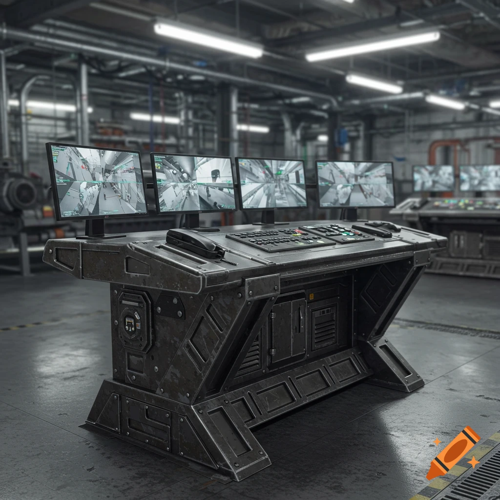 A rugged metal security guard desk with multiple monitors displaying surveillance footage in an industrial setting.