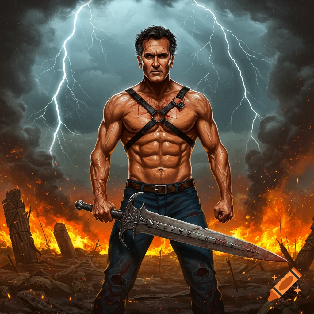 Muscular Ash from Evil Dead, shirtless with a harness, holds a bloodied sword amidst a fiery, stormy, destroyed landscape with lightning. Comic book art style.