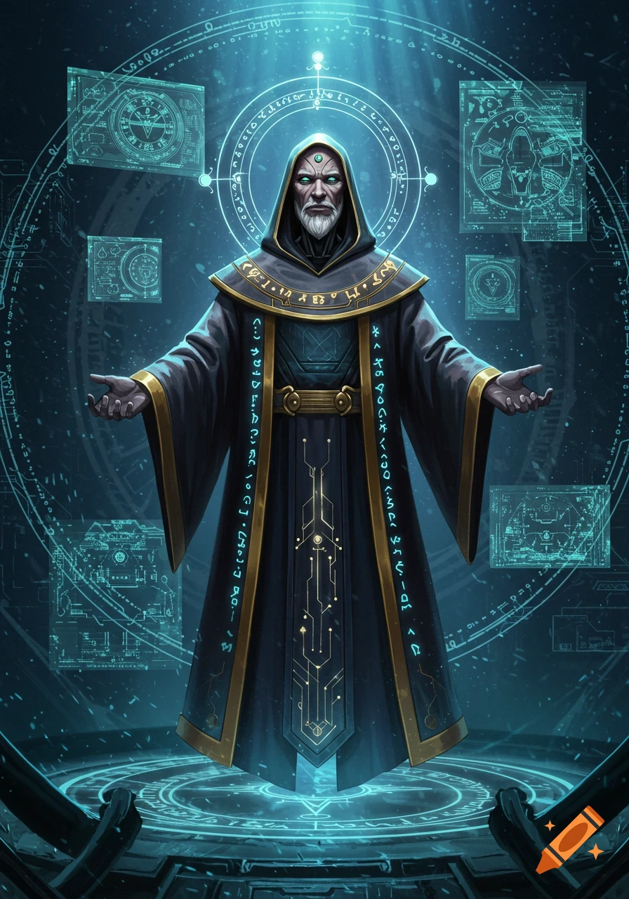 An elderly wizard with a white beard and glowing green eyes wears a dark, ornate robe with gold trim and glowing circuitry patterns, surrounded by blue holographic displays with symbols and diagrams. He stands with outstretched hands in a futuristic magical setting.