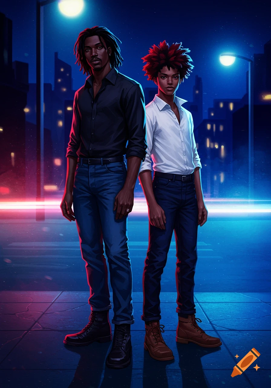 Digital illustration of two men in casual attire standing on a neon-lit city street at night.