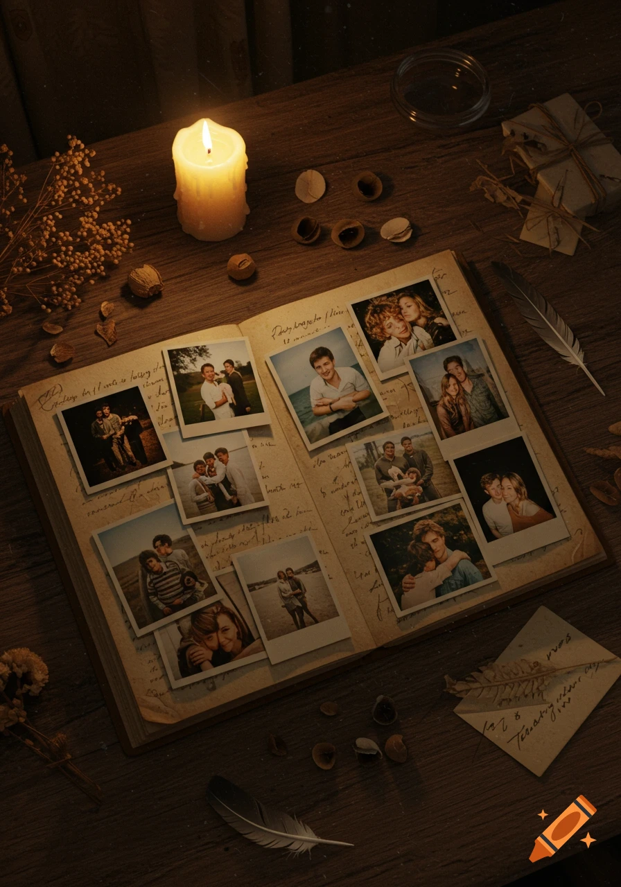 A dimly lit wooden table with an open photo album displaying various family and couple photos, a burning candle, dried plants, and feathers.