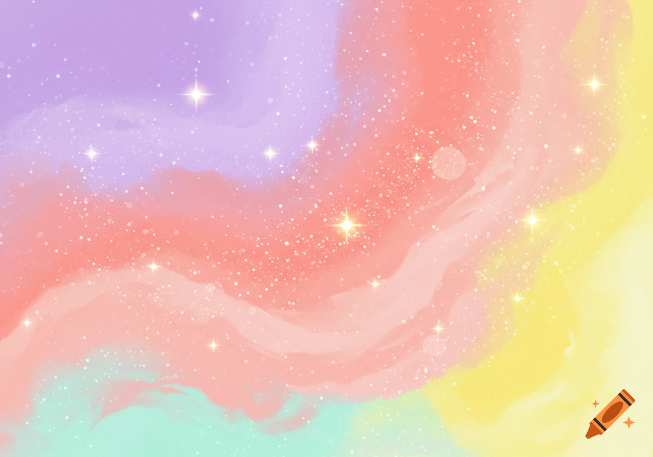 Vibrant pastel watercolor background with sparkling stars and white speckles, featuring purple, pink, yellow, and teal hues.