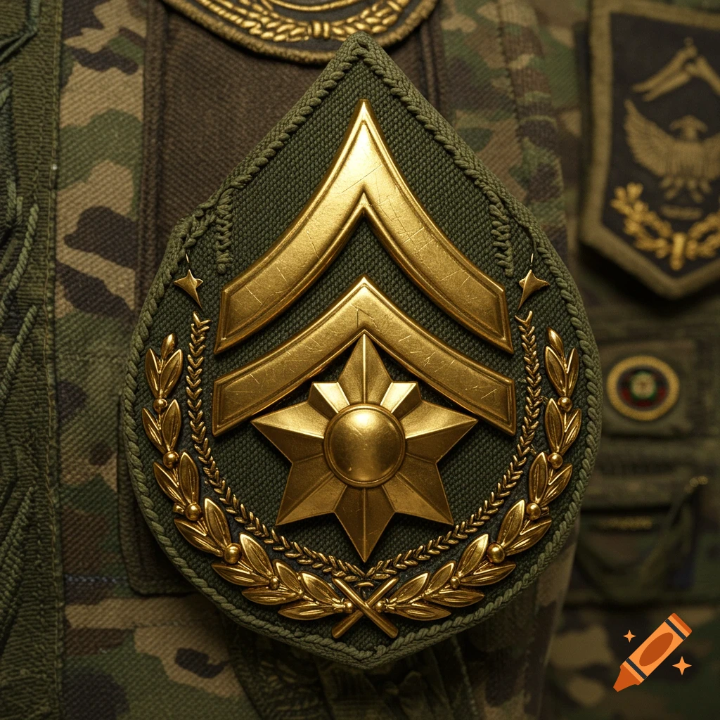 A close-up, photorealistic image of a gold and green army rank badge on a camouflage uniform.