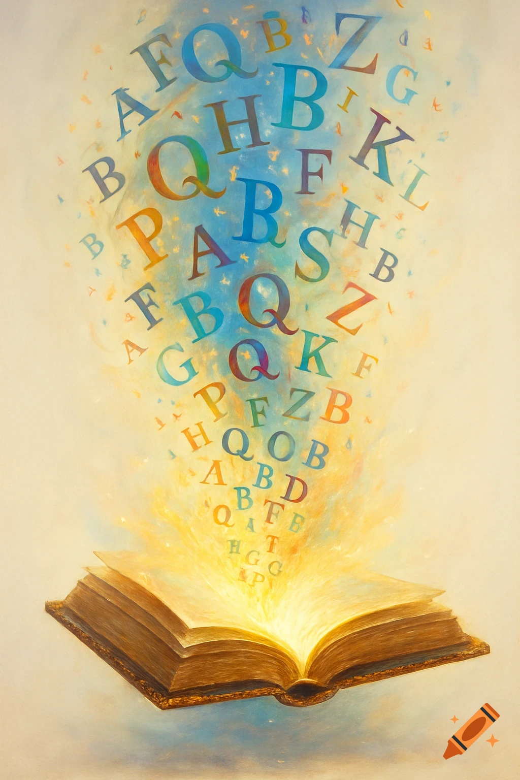 A magical open book glows, emitting a vibrant whirlwind of colorful letters against a soft, light background.