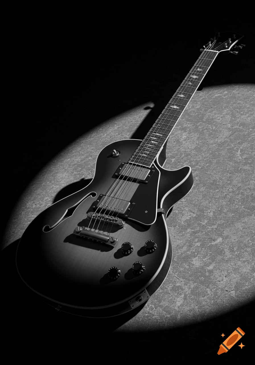A dramatic black and white image of an electric guitar on a concrete floor, partially lit by a spotlight.