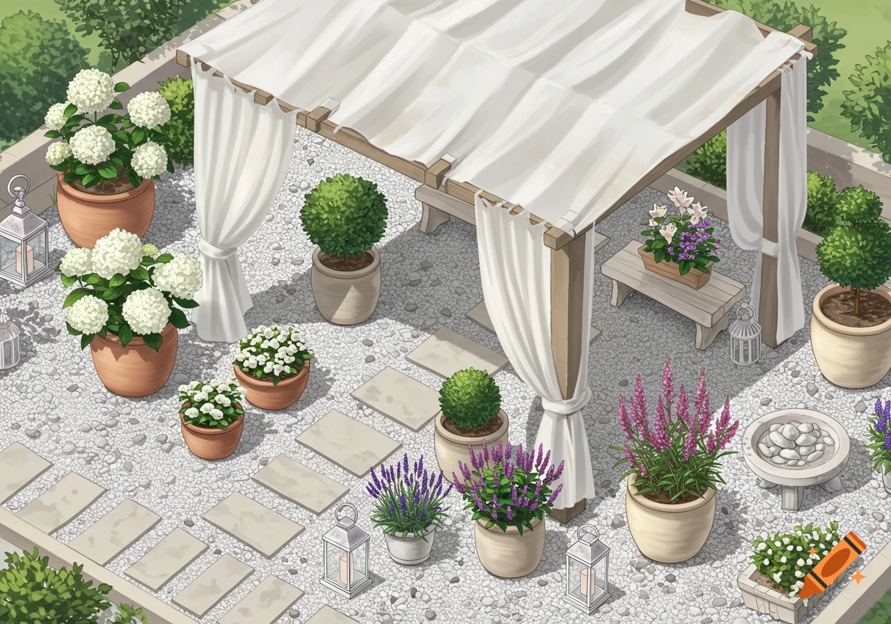 An isometric view of a serene garden patio with a white pergola, potted hydrangeas, lavender, boxwood, and other plants on a light gravel path with stone stepping tiles.